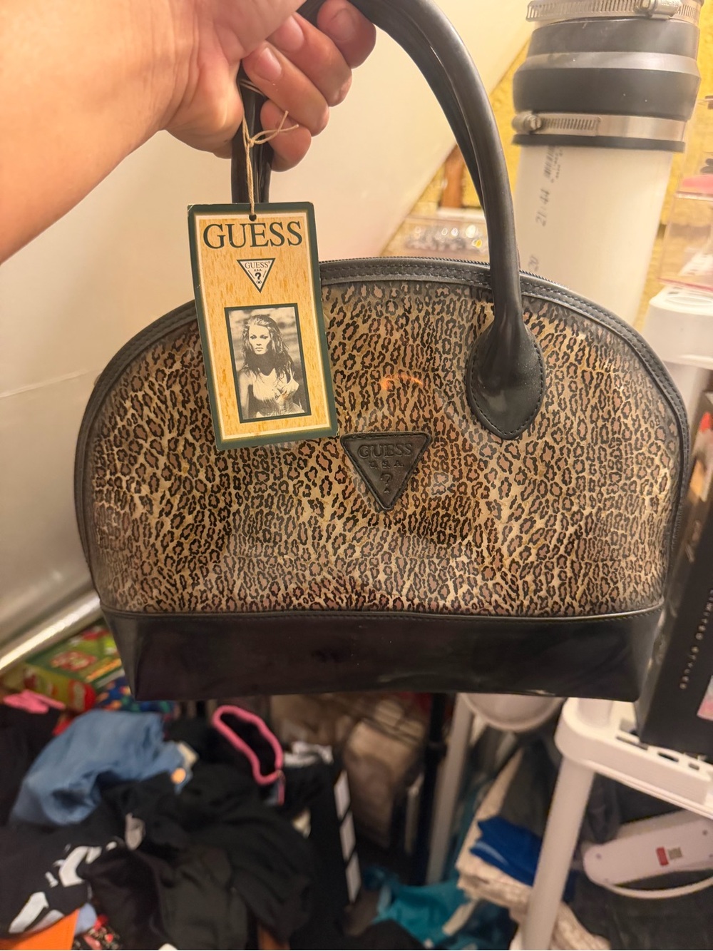 GUESS vintage Leopard-Print Dome Satchel in Brown and Black Trim